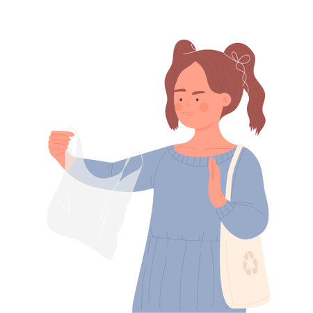 Little girl using eco instead of plastic. Environment protection and waste sorting vector illustrationのイラスト素材