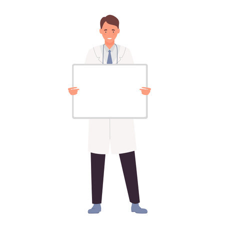 Male doctor holding blank analysis. Medical worker shows results vector illustrationのイラスト素材