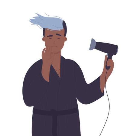 Young boy with hair dryer. Morning care routine, styling procedures vector illustrationのイラスト素材