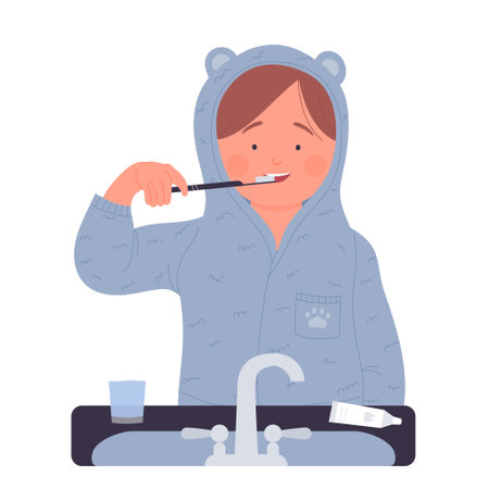 Little kid brushing teeth. Morning children routine, hygiene care vector illustrationのイラスト素材