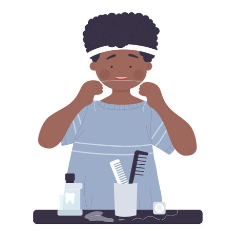 Little boy cleaning teeth with dental floss. Morning routine, hygiene care vector illustrationのイラスト素材