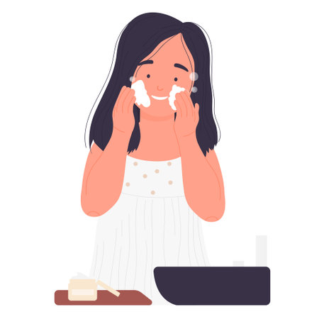 Little girl greasing face cream. Morning routine care, beauty treatment vector illustrationのイラスト素材