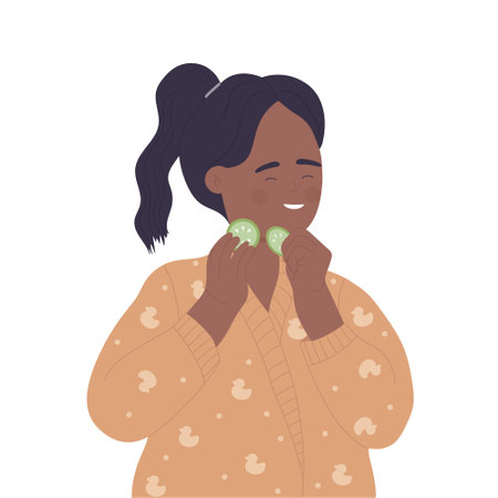 Little girl using cucumber mask. Morning beauty routine, body care vector illustrationのイラスト素材