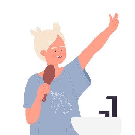 Little girl singing with comb. Morning care routine, children hygiene procedures vector illustrationのイラスト素材