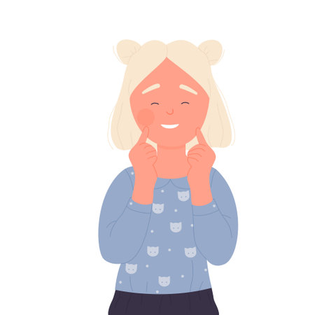 Funny girl touching her face with fingers. Happy kid with positive gestures vector illustrationのイラスト素材