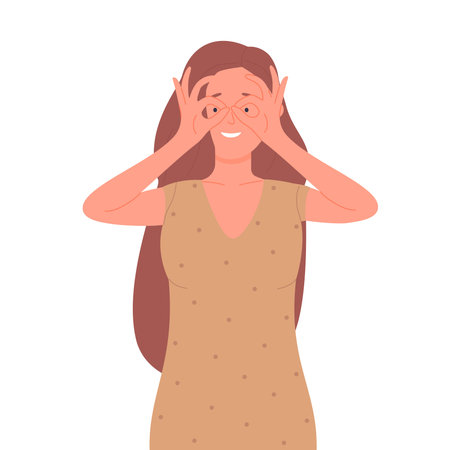 Teenager girl making hands glasses. People in funny cheerful mood vector illustrationのイラスト素材