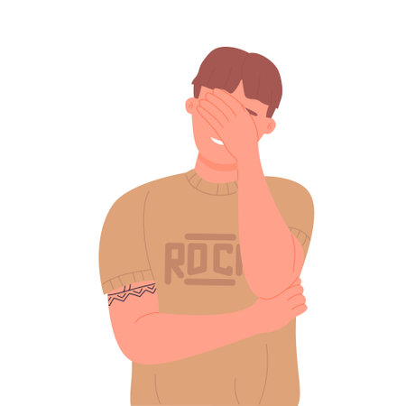 Disappointed man holding his head. Frustrated boy, covering face with hand palm vector illustrationのイラスト素材