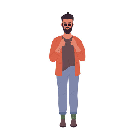 Hipster man showing hands gesture. Standing stylish boy with sunglasses vector illustrationのイラスト素材