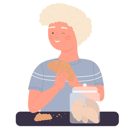 Little boy eating croissants. Pastry food, morning breakfast snack vector illustrationのイラスト素材