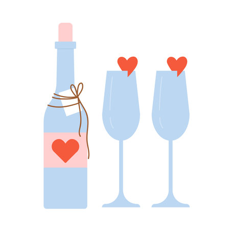 Celebrating love with champagne. Valentine day glasses beverage, romantic date vector illustrationのイラスト素材