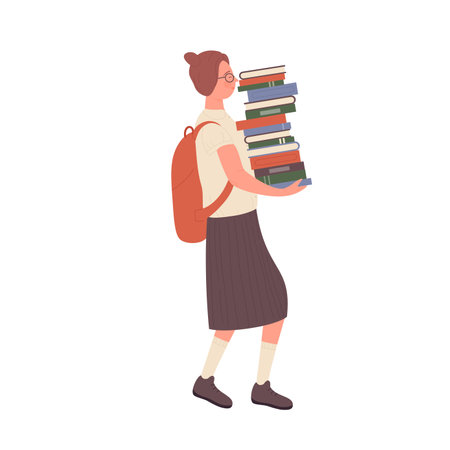 Nerd girl carrying pile of books. Female geek student with study materials vector illustrationのイラスト素材
