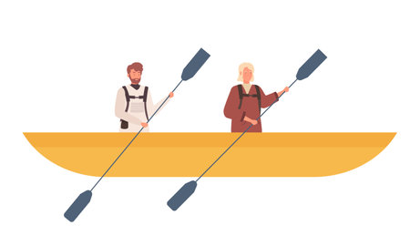 Tourists couple kayaking. River rafting, active lifestyle and vacation vector illustrationのイラスト素材
