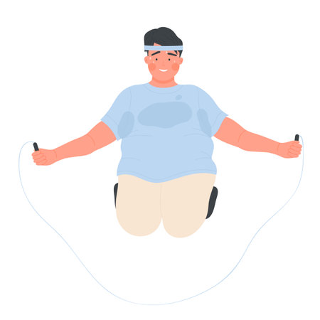 Fat boy jumping rope. Weight loss program, sport exercising, fitness exercise vector illustrationのイラスト素材