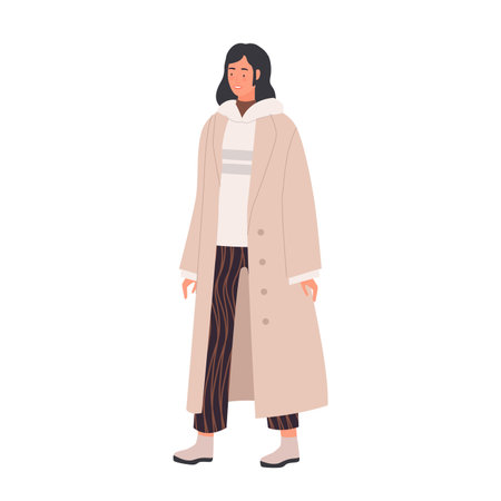 Girl wearing long warm coat. Winter clothes fashion, outfit for cold weather vector illustrationのイラスト素材