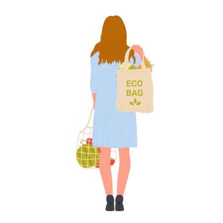 Lady using cotton bag and food mesh. Zero waste, eco friendly products vector illustrationのイラスト素材