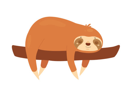 Sleeping sloth on tree branch. Jungle lazy bear, slow moving animal vector illustrationのイラスト素材
