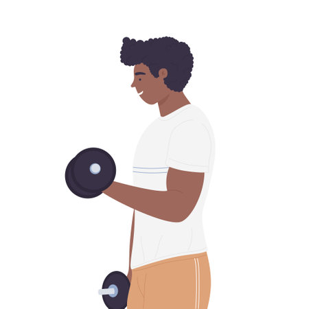 Boy bodybuilding training. Fitness program, gym exercise trainer vector illustrationのイラスト素材