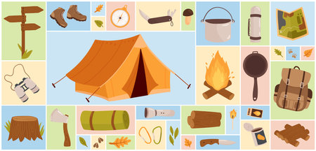 Cartoon summer forest campsite and tourism objects, scout gear kit, caravan motorhome in square collage background. Outdoor camp concept. Camping tools for hiking adventure set vector illustrationのイラスト素材