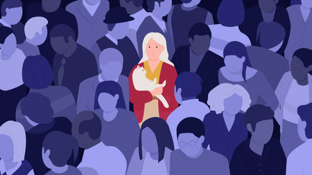 Lonely girl and crowd vector illustration. Cartoon sad woman standing with cat alone among group of people, depressed female adult character with helpless unhappy face and anxiety, burnout emotionのイラスト素材