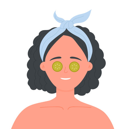 Face skin cucumber mask. Nourishing beauty care mask, morning face routine vector illustrationのイラスト素材