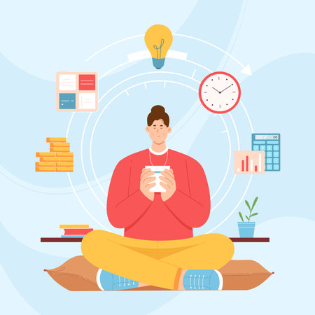 Work balance, professional time management vector illustration. Cartoon effective businessman sitting in lotus position with cup during coffee break, office files and clock flying over characterのイラスト素材