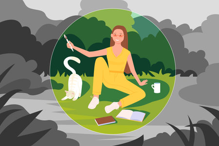 Personal boundaries, privacy vector illustration. Cartoon young woman drawing with brush calm space to close comfort balloon, isolated introvert sitting inside safe bubble with cat and reading booksのイラスト素材