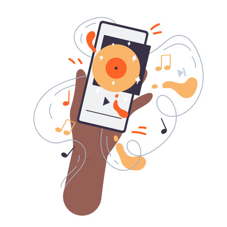 Phone in hand musical player. Listening to music on mobile application vector illustrationのイラスト素材