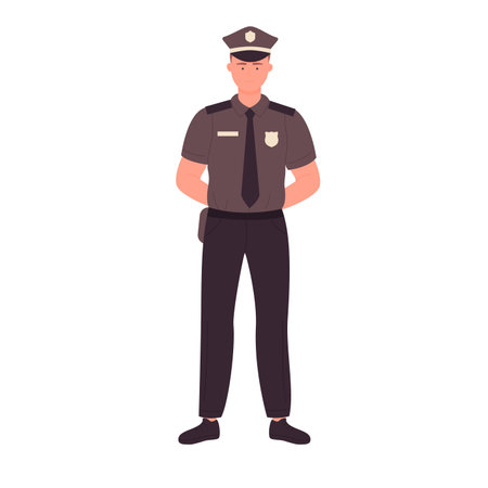 Front view of standing policeman. Police officer with hands behind back vector illustrationのイラスト素材