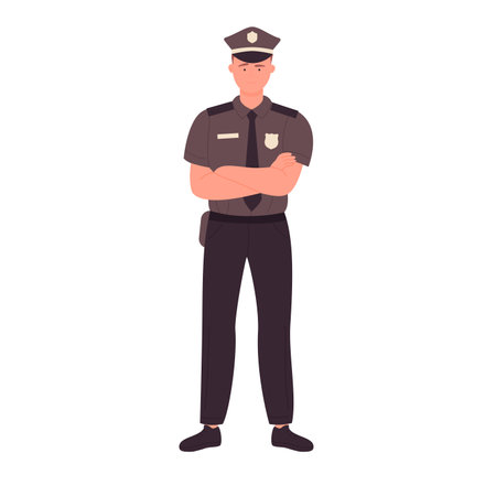 Standing policeman with crossed arms. Confident police officer vector illustrationのイラスト素材