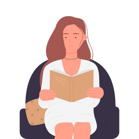 Girl in armchair reading book. Cozy position for reading, book lover activity vector illustrationのイラスト素材