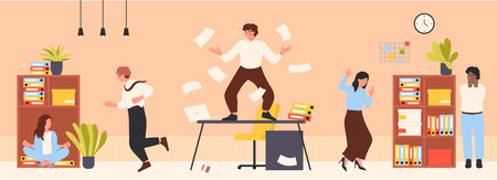 Angry boss shouting about deadline, yelling at busy employees running in panic vector illustration. Cartoon mad businessman throwing paper documents on table in office interior, characters hurry upのイラスト素材