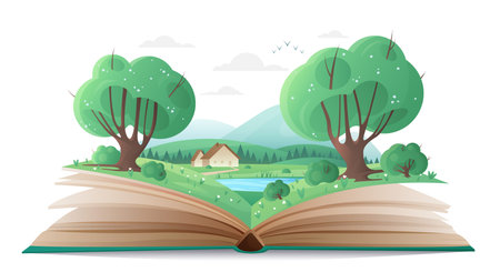 Cartoon magic summer nature with trees and mountains, water of lake and cute family house, fantasy adventure in storybook. Spring forest landscape on paper pages of open book vector illustration.のイラスト素材