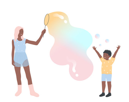 Mother and son boy play and blow soap bubble giant balloons on foam party isolated cartoon flat vector illustrationのイラスト素材