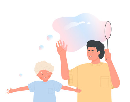 Father and boy son play and blow soap bubble giant balloons on foam party isolated cartoon flat vector illustrationのイラスト素材