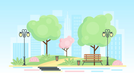 Spring public city park vector illustration. Cartoon urban town garden landscape with bench on walkway, green tree and grass lawn, sakura blossoms and lamppost in downtown cityscape panoramaのイラスト素材