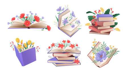 Books with spring and summer flowers set vector illustration. Cartoon isolated pile and stack of books and textbooks with garden bouquets arrangement, literature with romantic floral decorationのイラスト素材