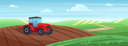 Cartoon agricultural machine working, farming in wheat yellow field on countryside hills, agriculture work of farmers in spring and summer season. Farm tractor in village landscape vector illustrationのイラスト素材