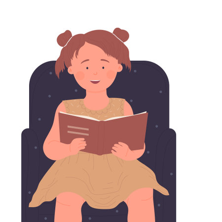 Reading kid sitting in armchair. Book lover, school homework, reading hobby vector illustrationのイラスト素材