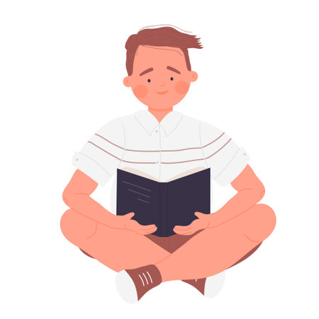 Sitting boy reading book. Pupil learning, school homework, book lover vector illustrationのイラスト素材