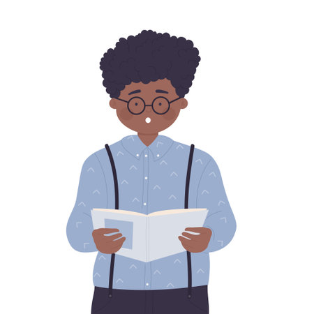 Surprised boy reading book. Interesting story, book lover pupil, learning new things vector illustrationのイラスト素材