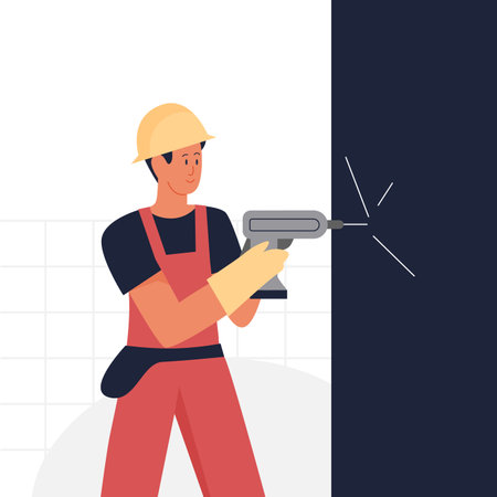 House renovation master. Worker drilling, construction engineer vector illustrationのイラスト素材