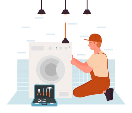 Repairman fixing washing machine. Plumber service, renovation workman vector illustrationのイラスト素材