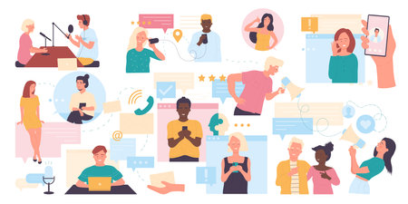 Online talk, people on video conference vector illustration. Cartoon isolated happy friends, students or colleagues communicate on remote meeting, office videoconference and conversation of charactersのイラスト素材