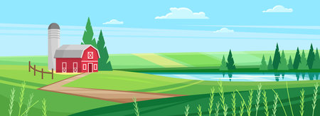Cartoon cute sunny rural scene with red barn and hangar tower, country road through wheat fields with round haystacks, countryside farmland. Farm house in village spring landscape vector illustration.のイラスト素材