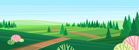 Cartoon rural grassland scenery, countryside lane road to horizon through green pasture meadows with grass and trees in fields, spring farmland panorama. Farm field landscape vector illustration.のイラスト素材
