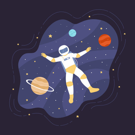 Astronaut floating in space without gravity vector illustration. Cartoon lost spaceman in helmet and spacesuit flying to discovery space, unusual mission and journey of cosmonaut in solar systemのイラスト素材
