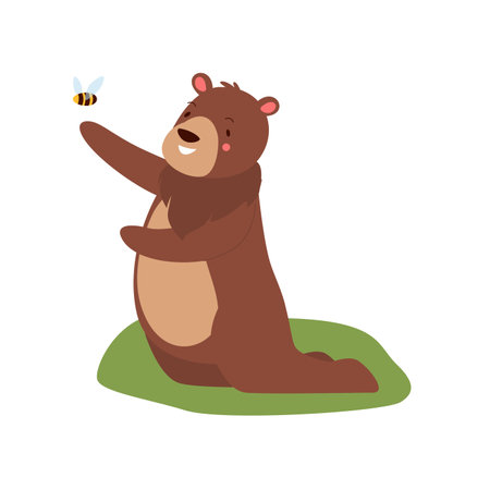 Cute bear playing with bee. Forest big animal, honey lover teddy bear vector illustrationのイラスト素材