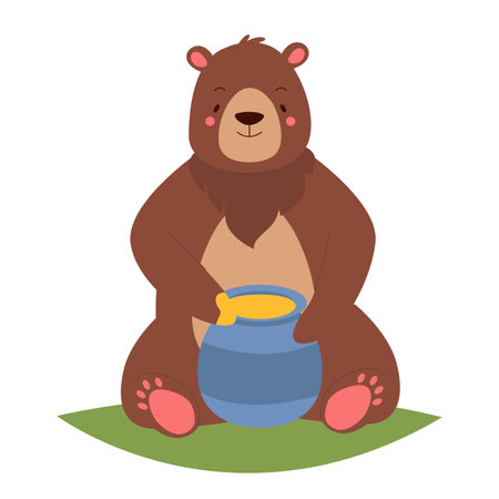 Cute bear eating honey. Honey lover, teddy bear sitting with jar of honey vector illustrationのイラスト素材