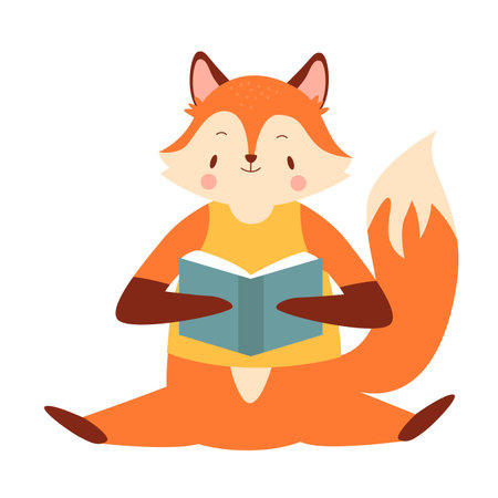 Cute fox reading a book. Little ginger fox in sitting pose, book lover vector illustrationのイラスト素材