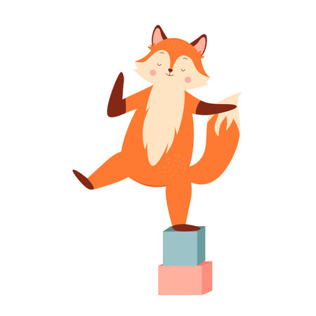 Cute fox playing. Foxy forest animal having circus presentation vector illustrationのイラスト素材